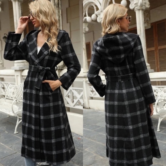 Black belted plaid collar pocket trench pea coat - Picture 2 of 4